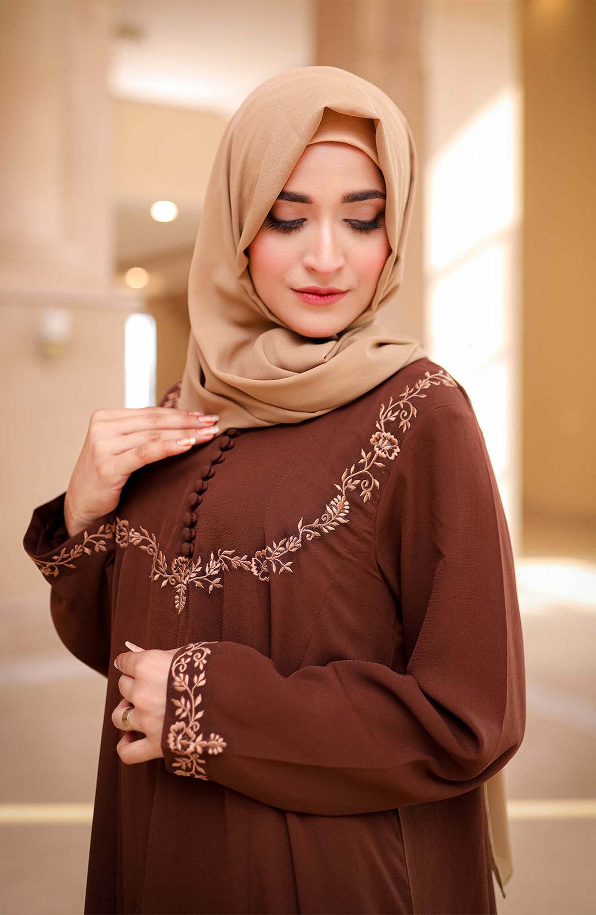 Brown Umbrella Embroidered Abaya